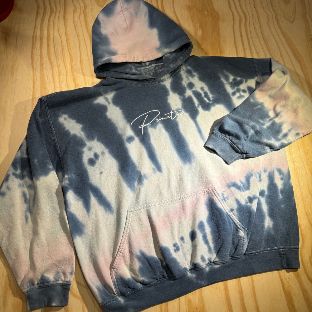 Primitive Men's Tie Dye Hoodie Blue Pink Script Logo Fleece Sweatshirt Medium